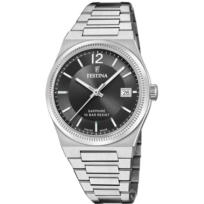 Γυναικείο ρολόι Festina Swiss Made F20035/6 με ασημί ατσάλινο μπρασελέ, μαύρο καντραν, τζαμάκι από αχάρακτο ζαφείρι μηχανισμό μπαταρίας με ένδειξη ημερομηνίας και στρογγυλό στεφάνι με διάμετρο 35mm, αδιάβροχο στις 10ΑΤΜ-100Μ.