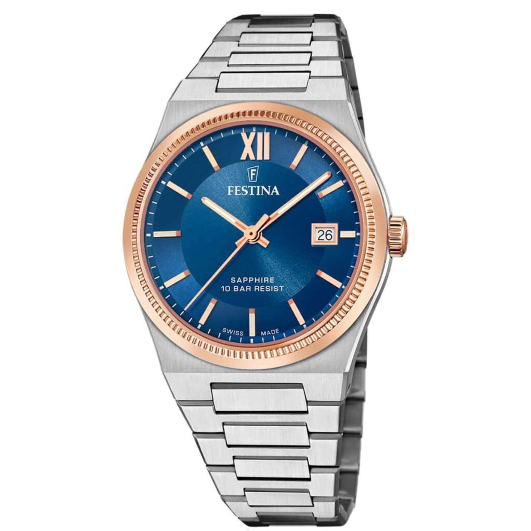 Ανδρικό ρολόι Festina Swiss Made F20036/2 με ασημί ατσάλινο μπρασελέ, μπλε καντραν, τζαμάκι από αχάρακτο ζαφείρι μηχανισμό μπαταρίας με ένδειξη ημερομηνίας και στρογγυλό στεφάνι με διάμετρο 40mm, αδιάβροχο στις 10ΑΤΜ-100Μ.