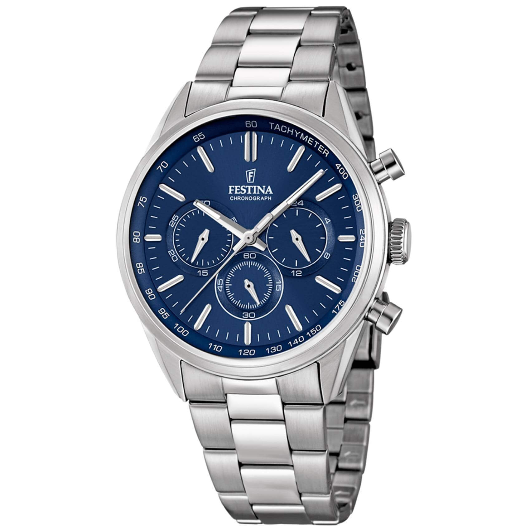 Αντρικό ρολόι Festina F16820/2 με ασημί ατσάλινο μπρασελέ, μπλε καντραν, μηχανισμό μπαταρίας quartz με ένδειξη ημερομηνίας και λειτουργία χρονογράφου, στρογγυλό στεφάνι με διάμετρο 43,5mm, αδιάβροχο στις 5ΑΤΜ-50Μ.