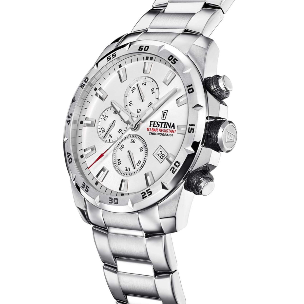 Ρολόι Festina F20463/1 χρονογράφος με ασημί ατσάλινο μπρασελέ, άσπρο καντραν, μηχανισμό μπαταρίας quartz, στρογγυλό στεφάνι με διάμετρο 45mm και ένδειξη ημερομηνίας αδιάβροχο στις 10ΑΤΜ-100Μ.