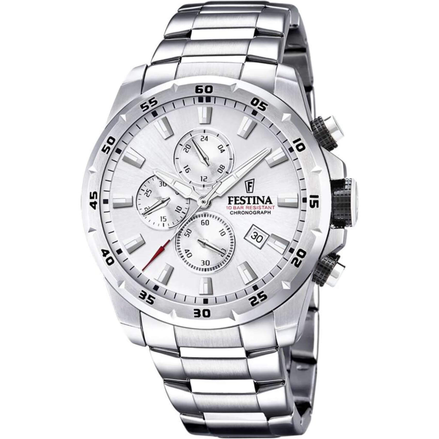 Ρολόι Festina F20463/1 χρονογράφος με ασημί ατσάλινο μπρασελέ, άσπρο καντραν, μηχανισμό μπαταρίας quartz, στρογγυλό στεφάνι με διάμετρο 45mm και ένδειξη ημερομηνίας αδιάβροχο στις 10ΑΤΜ-100Μ.
