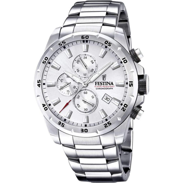 Ρολόι Festina F20463/1 χρονογράφος με ασημί ατσάλινο μπρασελέ, άσπρο καντραν, μηχανισμό μπαταρίας quartz, στρογγυλό στεφάνι με διάμετρο 45mm και ένδειξη ημερομηνίας αδιάβροχο στις 10ΑΤΜ-100Μ.