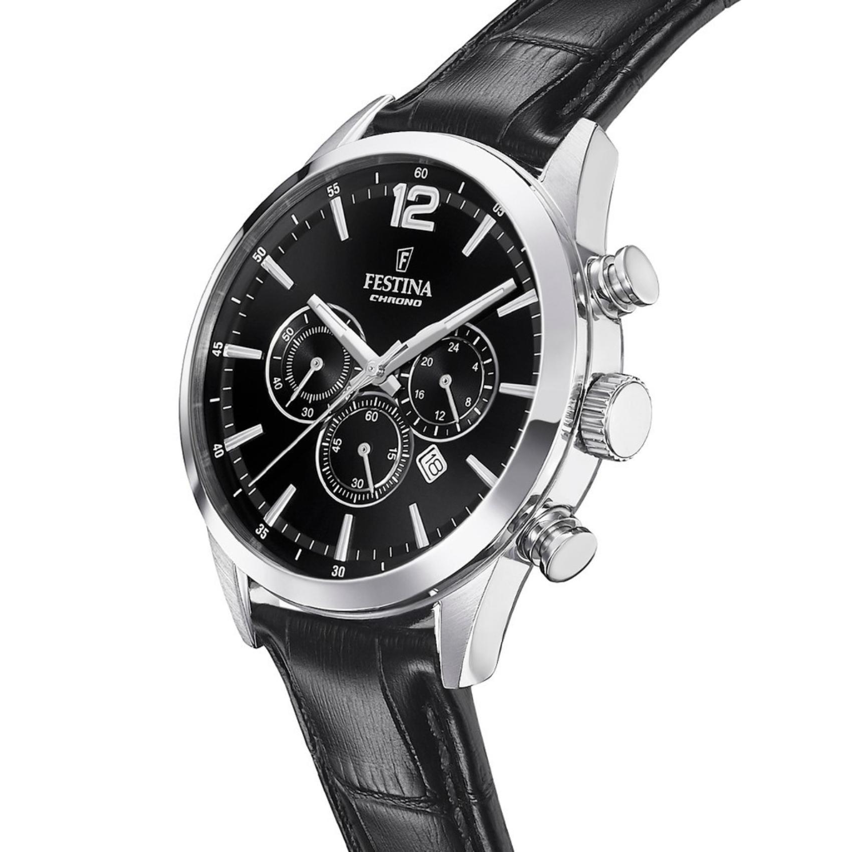 Αντρικό ρολόι Festina F20542/5 με μαύρο δερμάτινο λουράκι, μαύρο καντραν, μηχανισμό μπαταρίας quartz με ένδειξη ημερομηνίας και λειτουργία χρονογράφου, στρογγυλό στεφάνι με διάμετρο 43,5mm, αδιάβροχο στις 5ΑΤΜ-50Μ.