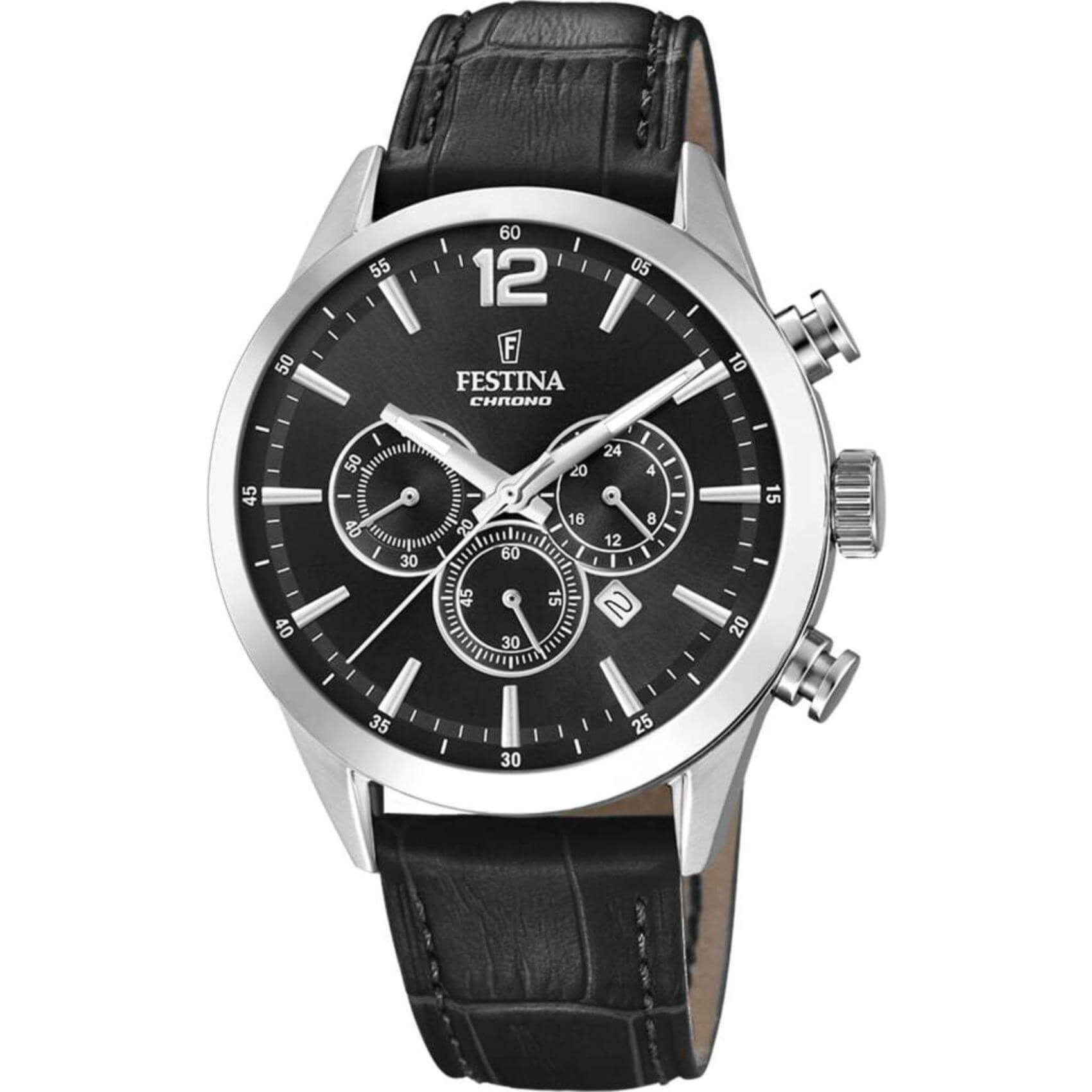 Αντρικό ρολόι Festina F20542/5 με μαύρο δερμάτινο λουράκι, μαύρο καντραν, μηχανισμό μπαταρίας quartz με ένδειξη ημερομηνίας και λειτουργία χρονογράφου, στρογγυλό στεφάνι με διάμετρο 43,5mm, αδιάβροχο στις 5ΑΤΜ-50Μ.
