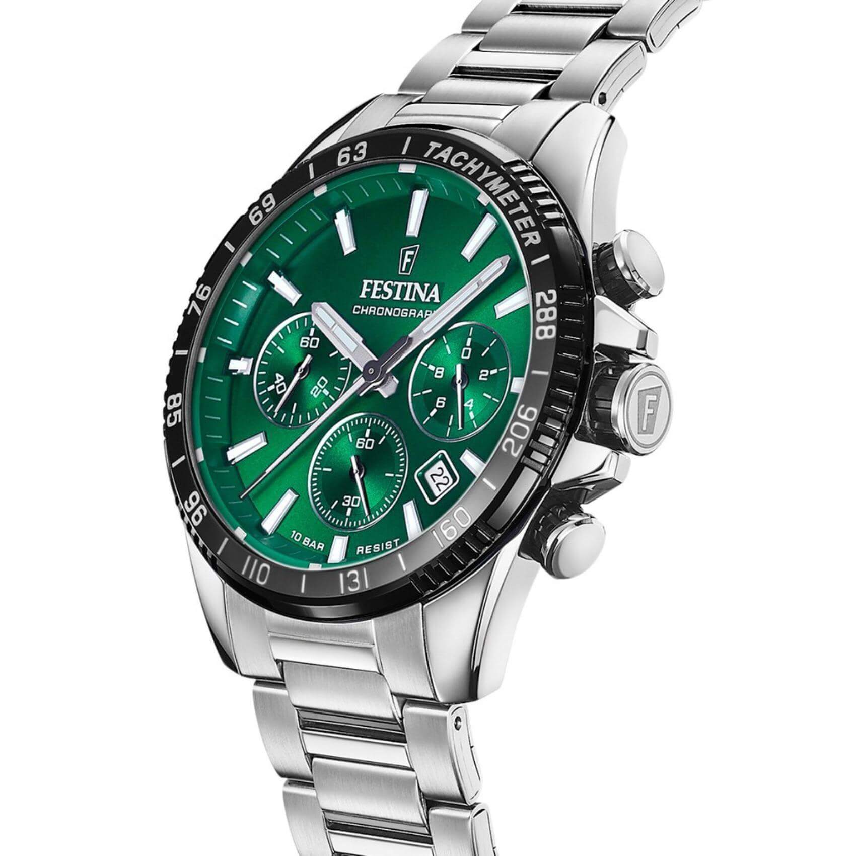 Αντρικό ρολόι Festina F20560/4 με ασημί ατσάλινο μπρασελέ, πράσινο καντραν, μηχανισμό μπαταρίας με ένδειξη ημερομηνίας και λειτουργία χρονογράφου, στρογγυλό στεφάνι με διάμετρο 45mm, αδιάβροχο στις 10ΑΤΜ-100Μ.