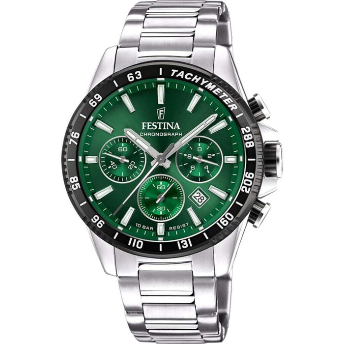 Αντρικό ρολόι Festina F20560/4 με ασημί ατσάλινο μπρασελέ, πράσινο καντραν, μηχανισμό μπαταρίας με ένδειξη ημερομηνίας και λειτουργία χρονογράφου, στρογγυλό στεφάνι με διάμετρο 45mm, αδιάβροχο στις 10ΑΤΜ-100Μ.