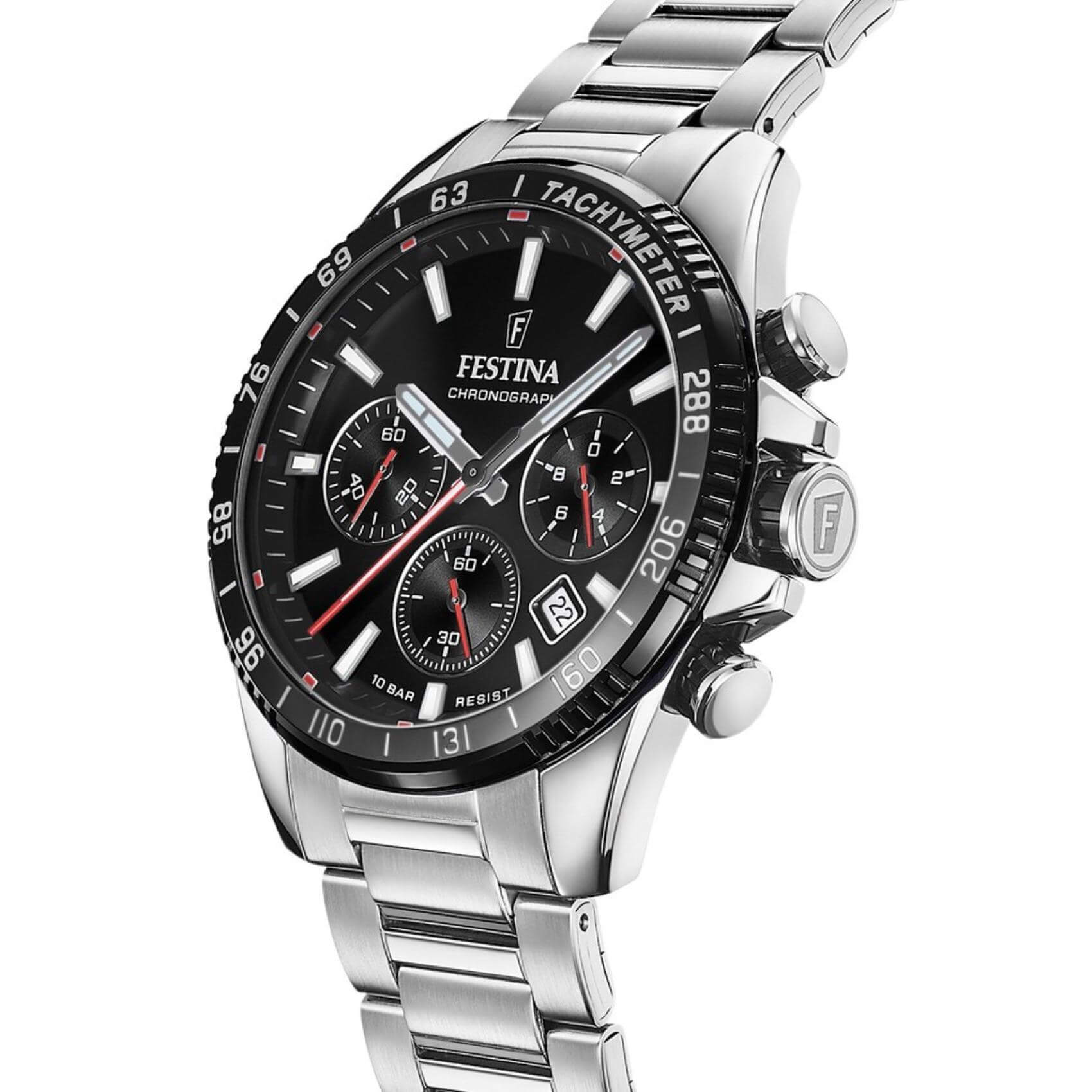 Αντρικό ρολόι Festina F20560/6 με ασημί ατσάλινο μπρασελέ, μαύρο καντραν, μηχανισμό μπαταρίας με ένδειξη ημερομηνίας και λειτουργία χρονογράφου, στρογγυλό στεφάνι με διάμετρο 45mm, αδιάβροχο στις 10ΑΤΜ-100Μ.