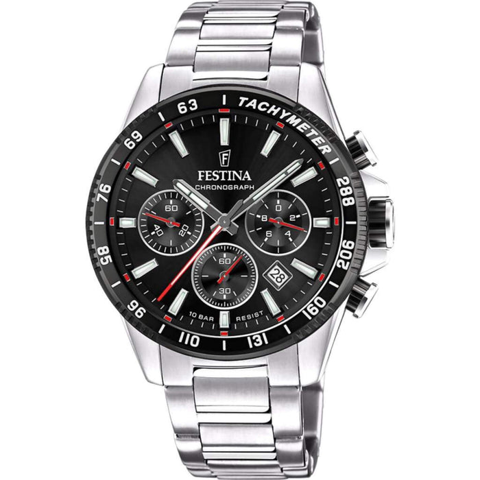 Αντρικό ρολόι Festina F20560/6 με ασημί ατσάλινο μπρασελέ, μαύρο καντραν, μηχανισμό μπαταρίας με ένδειξη ημερομηνίας και λειτουργία χρονογράφου, στρογγυλό στεφάνι με διάμετρο 45mm, αδιάβροχο στις 10ΑΤΜ-100Μ.