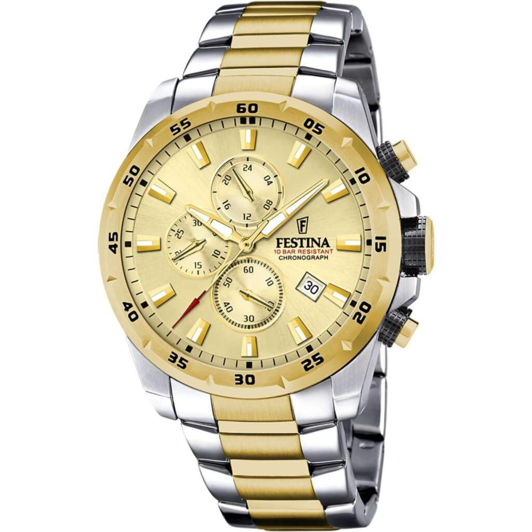 Ρολόι Festina F20562/1 χρονογράφος με ασημί-χρυσό ατσάλινο μπρασελέ, χρυσό καντραν, μηχανισμό μπαταρίας quartz, στρογγυλό στεφάνι με διάμετρο 45mm και ένδειξη ημερομηνίας αδιάβροχο στις 10ΑΤΜ-100Μ.