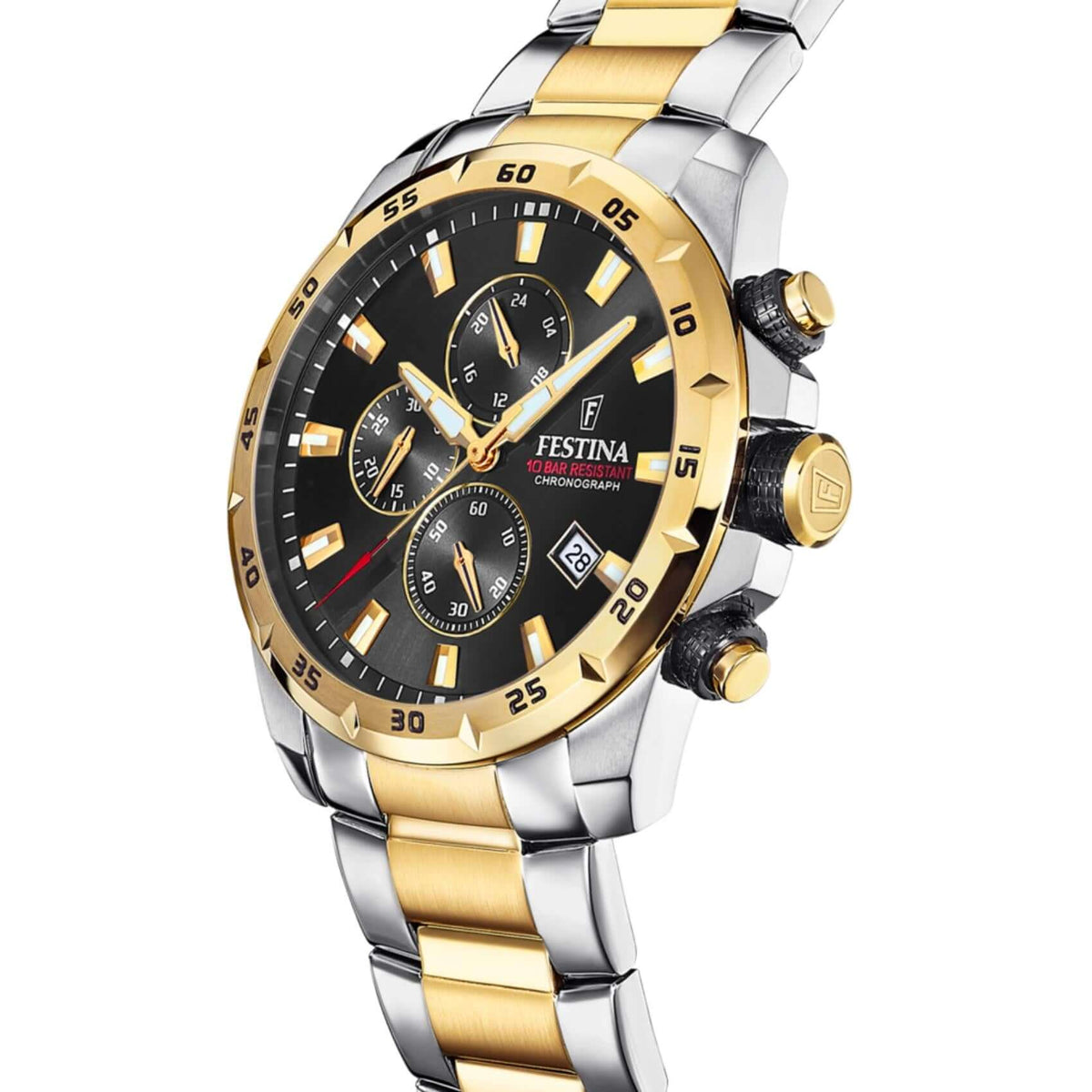 Ανδρικό ρολόι χρονογράφος Festina F20562/4 με δίχρωμο ασημί-χρυσό μπρασελέ και μαύρο καντράν διαμέτρου 45mm με ημερομηνία-κοντινό.