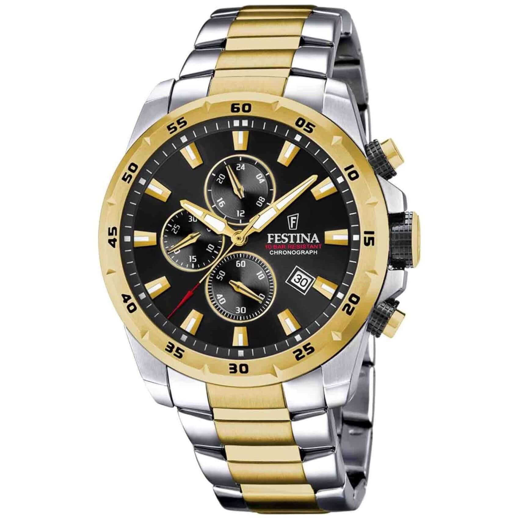 Ανδρικό ρολόι χρονογράφος Festina F20562/4 με δίχρωμο ασημί-χρυσό μπρασελέ και μαύρο καντράν διαμέτρου 45mm με ημερομηνία.