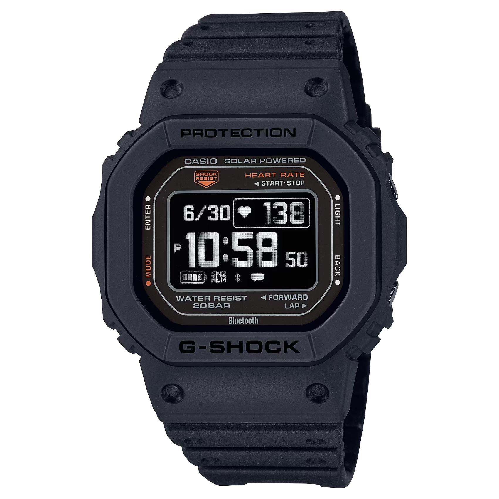 Προπονητικό ρολόι smartwatch G-Squad Casio G-Shock DW-H5600-1ER Solar με μαύρο καουτσούκ λουράκι και μαύρο καντράν διαμέτρου 44,5mm σε τετράγωνο σχημα.