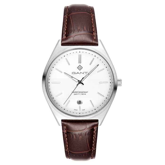 Ανδρικό ρολόι Gant Abington G201001 με καφέ δερμάτινο λουράκι και λευκό καντράν 41mm, όψη από μπροστά.