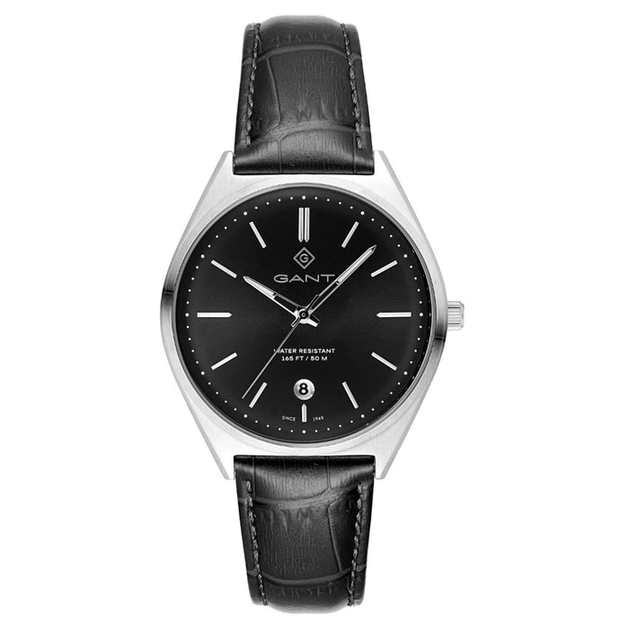 Ανδρικό ρολόι Gant Abington G201002 με μαύρο δερμάτινο λουράκι και μαύρο καντράν 41mm, όψη από μπροστά.