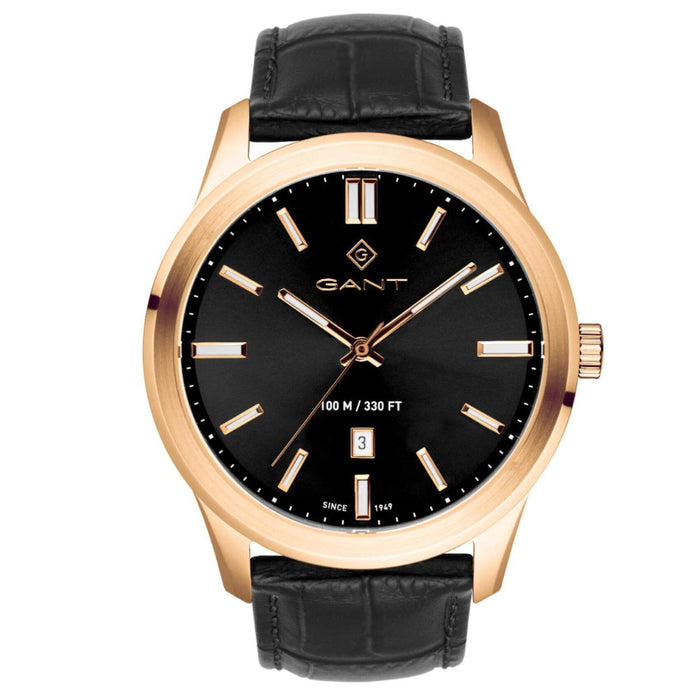 Αντρικό ρολόι Gant Bridgeton G182002 με μαύρο δερμάτινο λουράκι, μαύρο καντραν, μηχανισμό μπαταρίας quartz με ένδειξη ημερομηνίας και στρογγυλό στεφάνι με διάμετρο 43mm, αδιάβροχο στις 10ΑΤΜ-100Μ.