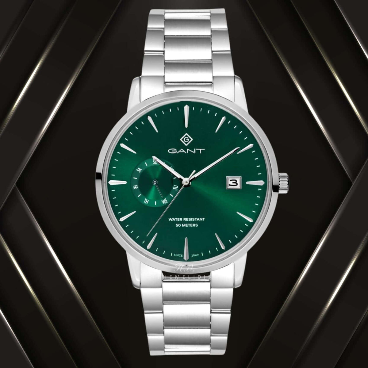 Ρολόι Gant East Hill G165019 με ασημί ατσάλινο μπρασελέ και πράσινο καντράν διαμέτρου 43mm.