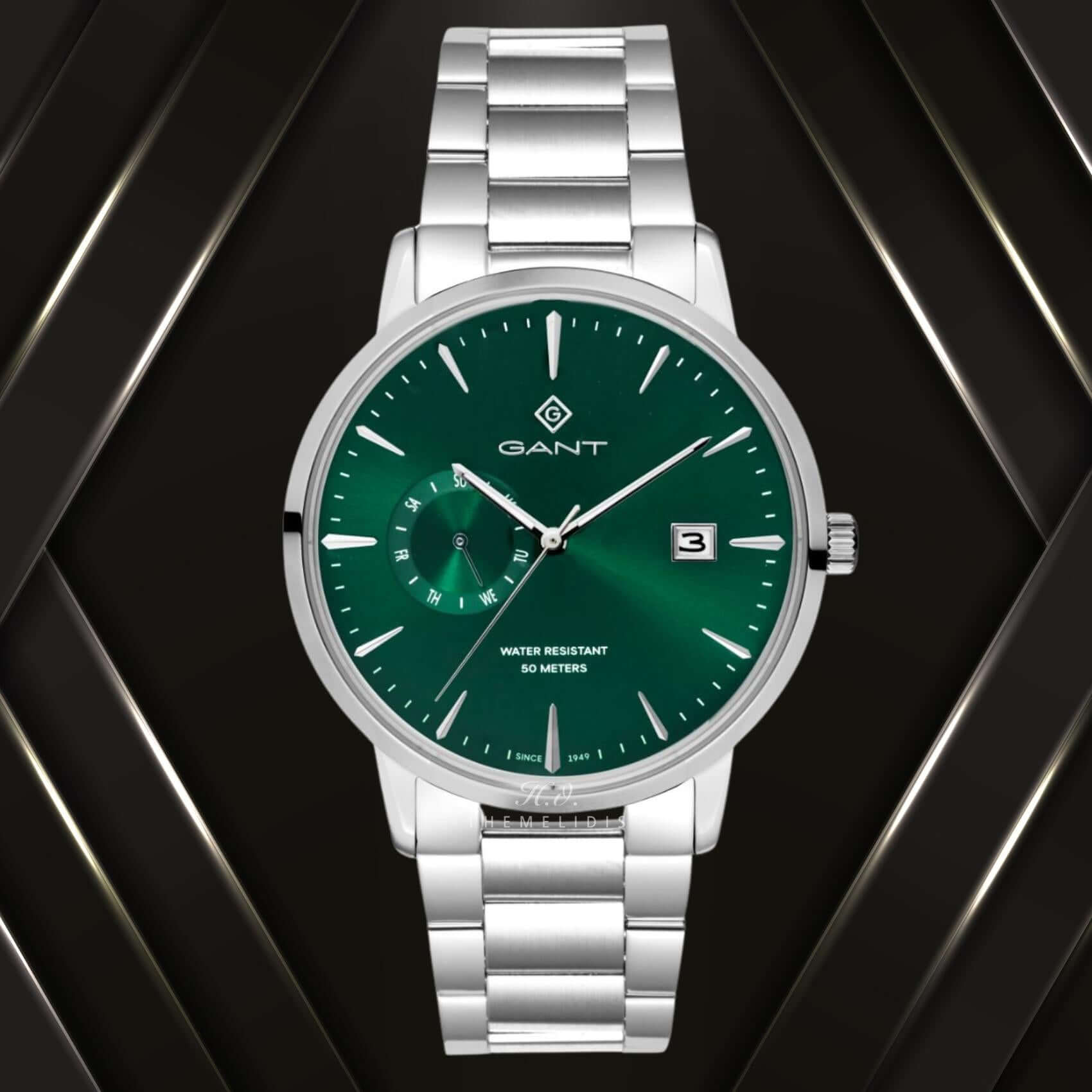 Ρολόι Gant East Hill G165019 με ασημί ατσάλινο μπρασελέ και πράσινο καντράν διαμέτρου 43mm.