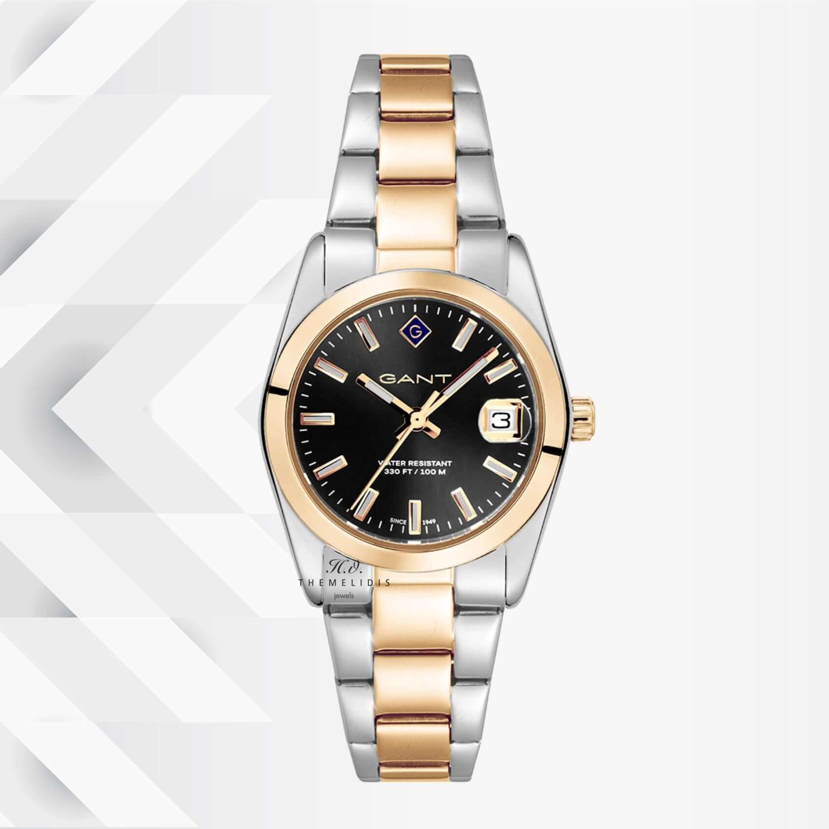 Ρολόι Gant Everett Mini G186003 με δίχρωμο ασημί-χρυσό ατσάλινο μπρασελέ και μαύρο καντράν διαμέτρου 28mm.