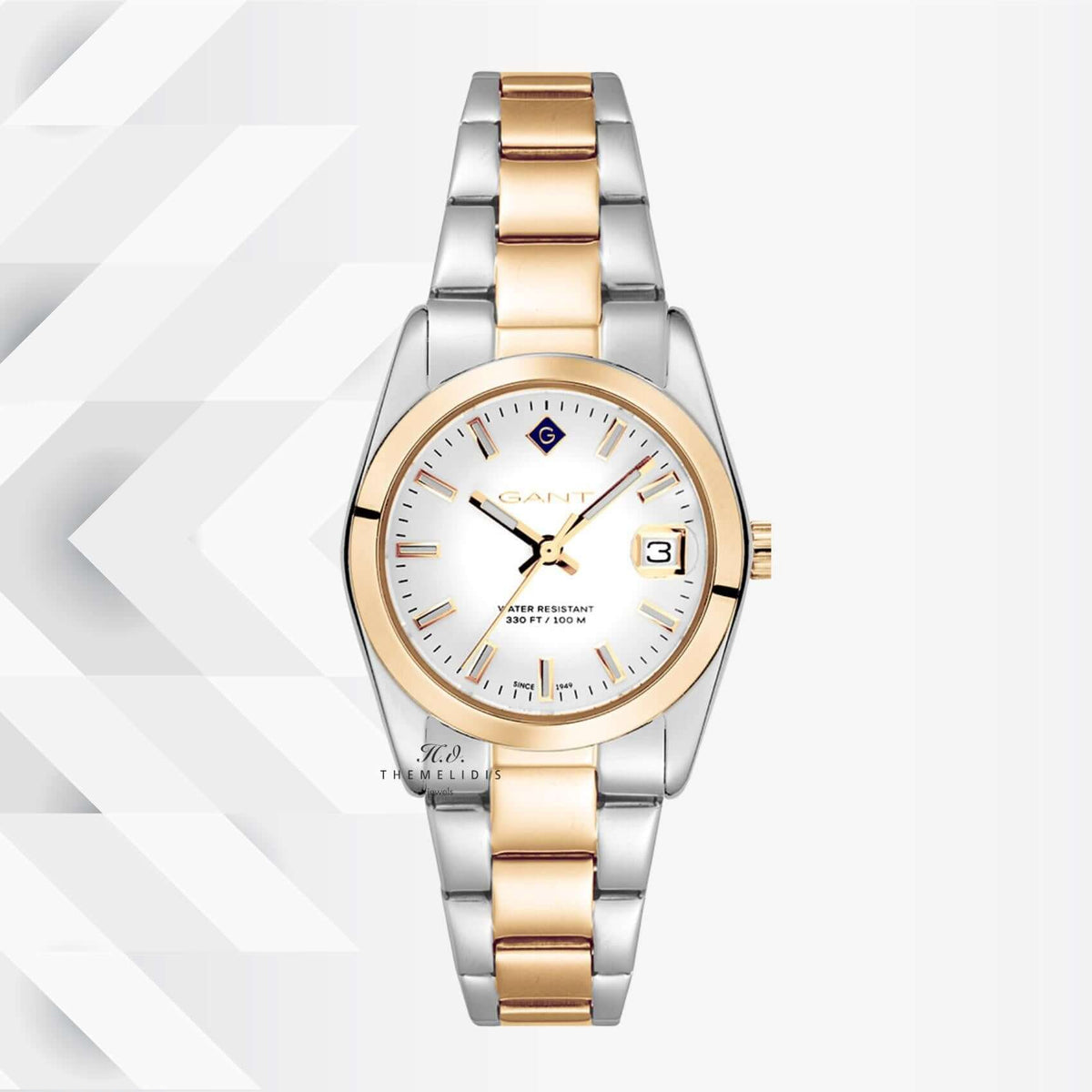 Ρολόι Gant Everett Mini G186002 με δίχρωμο ασημί-χρυσό ατσάλινο μπρασελέ και άσπρο καντράν διαμέτρου 28mm.