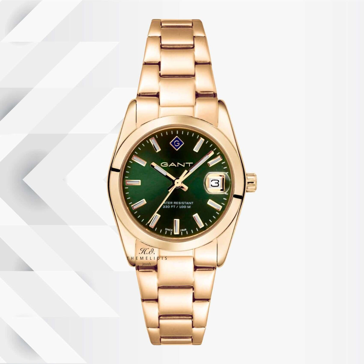 Ρολόι Gant Everett Mini G186008 με χρυσό ατσάλινο μπρασελέ και πράσινο καντράν διαμέτρου 28mm.