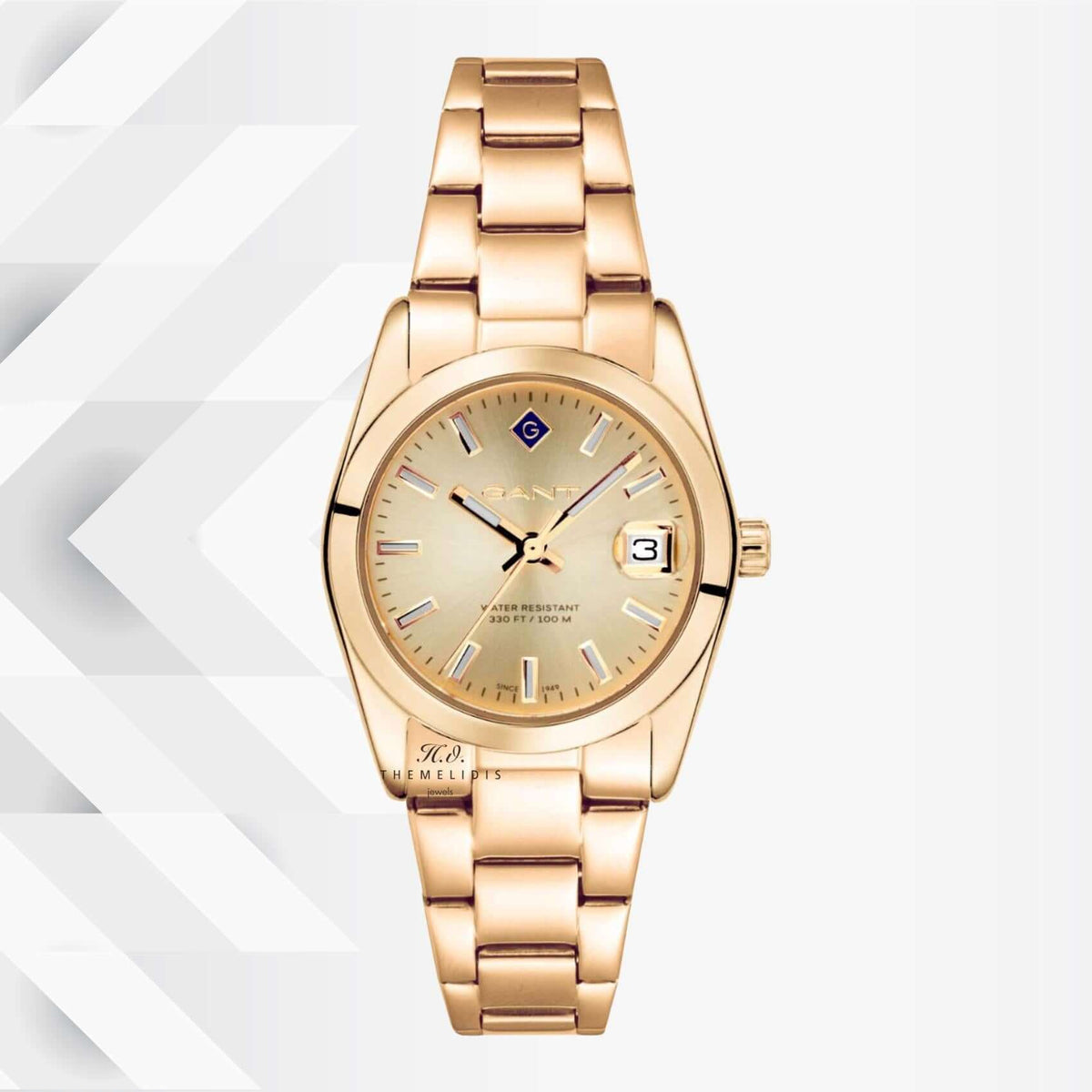 Ρολόι Gant Everett Mini G186006 με χρυσό ατσάλινο μπρασελέ και χρυσό καντράν 28mm με ημερομηνία, σε φόντο.
