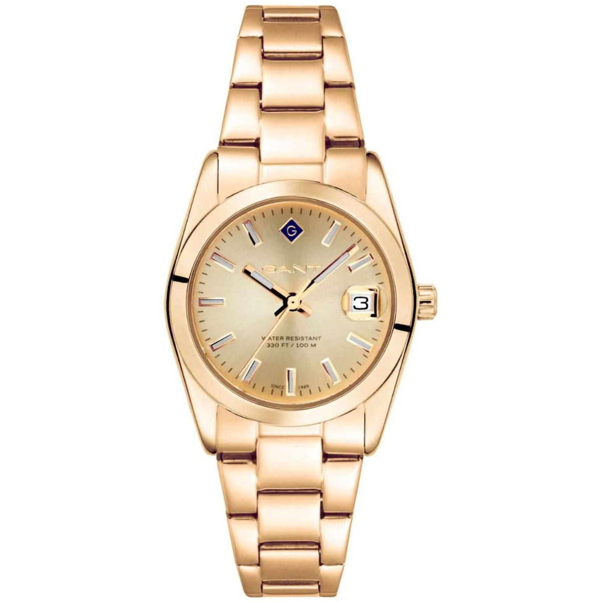 Ρολόι Gant Everett Mini G186006 με χρυσό ατσάλινο μπρασελέ και χρυσό καντράν 28mm με ημερομηνία.
