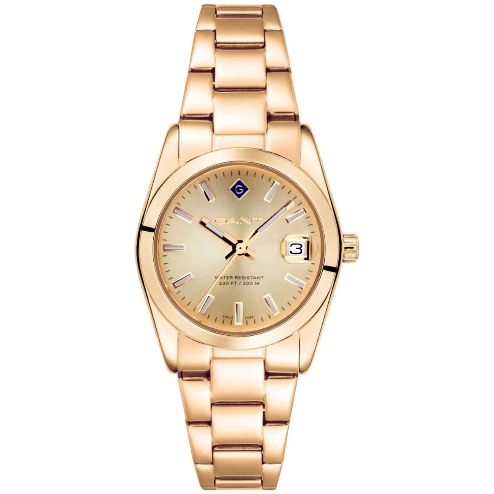 Ρολόι Gant Everett Mini G186006 με χρυσό ατσάλινο μπρασελέ και χρυσό καντράν 28mm με ημερομηνία.