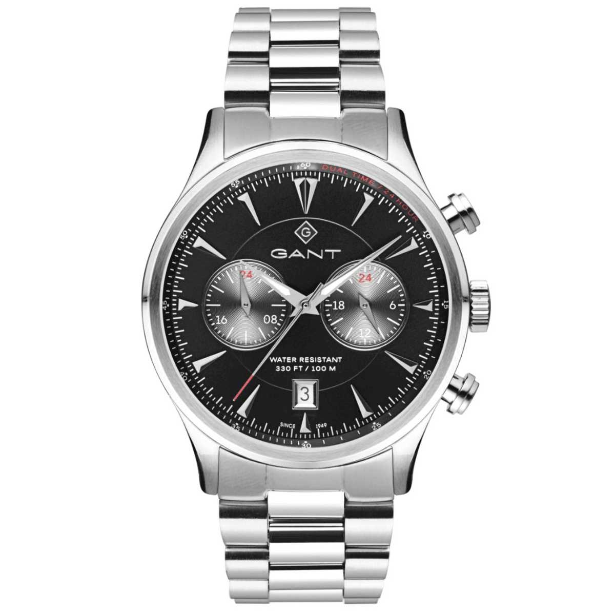 Αντρικό ρολόι Gant Spencer G135001 με ασημί ατσάλινο μπρασελέ και μαύρο καντραν, τζαμάκι από ορυκτο κρύσταλλο μηχανισμό μπαταρίας με ένδειξη ημερομηνίας και στρογγυλό στεφάνι διαμέτρου 43mm, αδιάβροχο στις 10ΑΤΜ-100Μ.