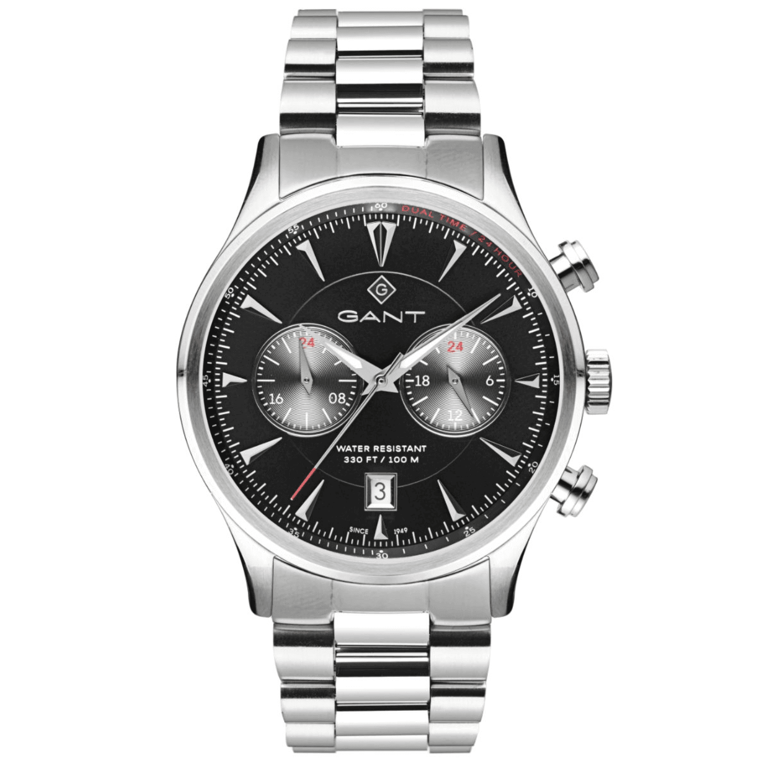 Αντρικό ρολόι Gant Spencer G135001 με ασημί ατσάλινο μπρασελέ και μαύρο καντραν, τζαμάκι από ορυκτο κρύσταλλο μηχανισμό μπαταρίας με ένδειξη ημερομηνίας και στρογγυλό στεφάνι διαμέτρου 43mm, αδιάβροχο στις 10ΑΤΜ-100Μ.
