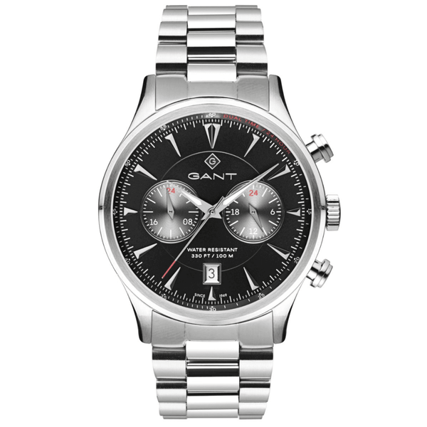 Αντρικό ρολόι Gant Spencer G135001 με ασημί ατσάλινο μπρασελέ και μαύρο καντραν, τζαμάκι από ορυκτο κρύσταλλο μηχανισμό μπαταρίας με ένδειξη ημερομηνίας και στρογγυλό στεφάνι διαμέτρου 43mm, αδιάβροχο στις 10ΑΤΜ-100Μ.
