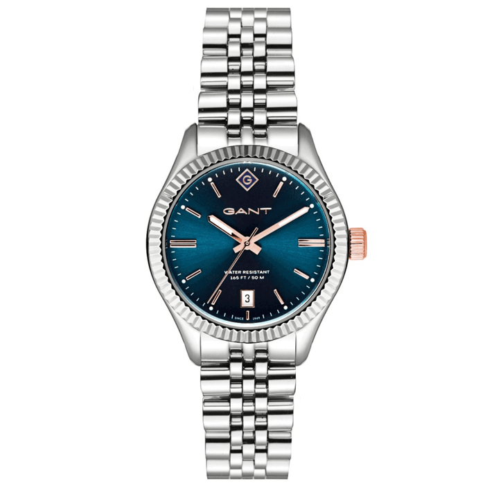 Γυναικείο ρολόι Gant Sussex G136004 με ασημί ατσάλινο μπρασελέ, μπλε καντραν, τζαμάκι από ορυκτο κρύσταλλο μηχανισμό μπαταρίας με ένδειξη ημερομηνίας και στρογγυλό στεφάνι διαμέτρου 34mm, αδιάβροχο στις 5ΑΤΜ-50Μ.