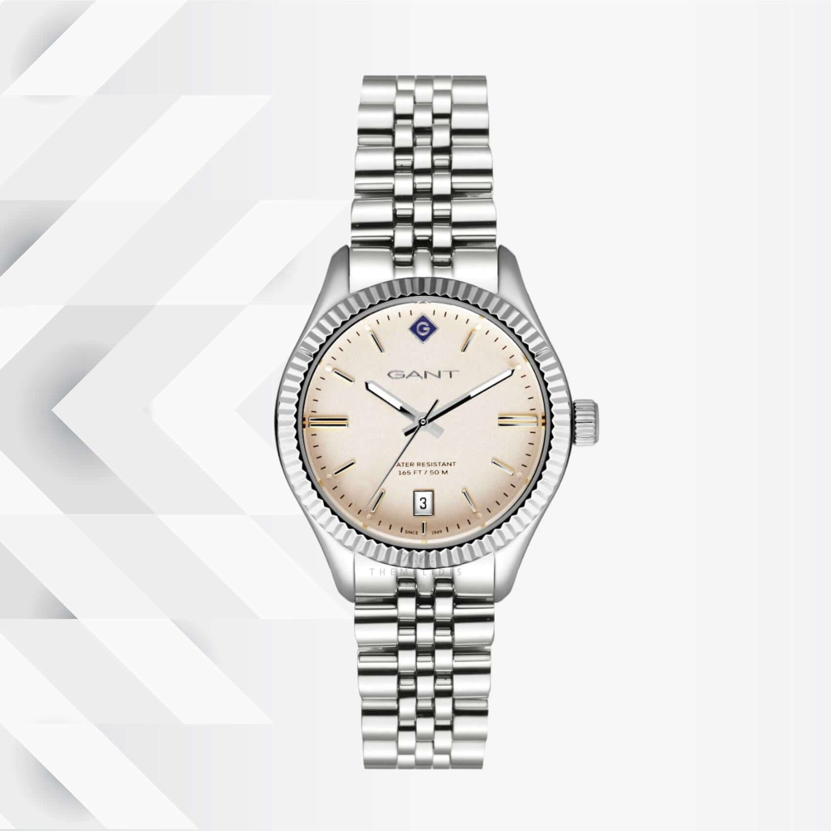 Ρολόι Gant Sussex G136006 με ασημί ατσάλινο μπρασελέ και μπεζ καντράν διαμέτρου 34mm.
