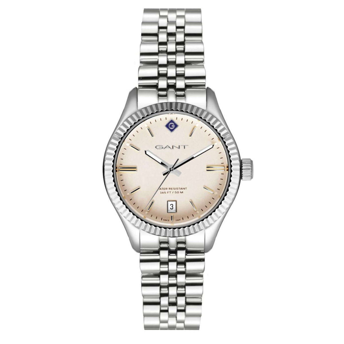 Ρολόι Gant Sussex G136006 με ασημί ατσάλινο μπρασελέ και μπεζ καντράν διαμέτρου 34mm.