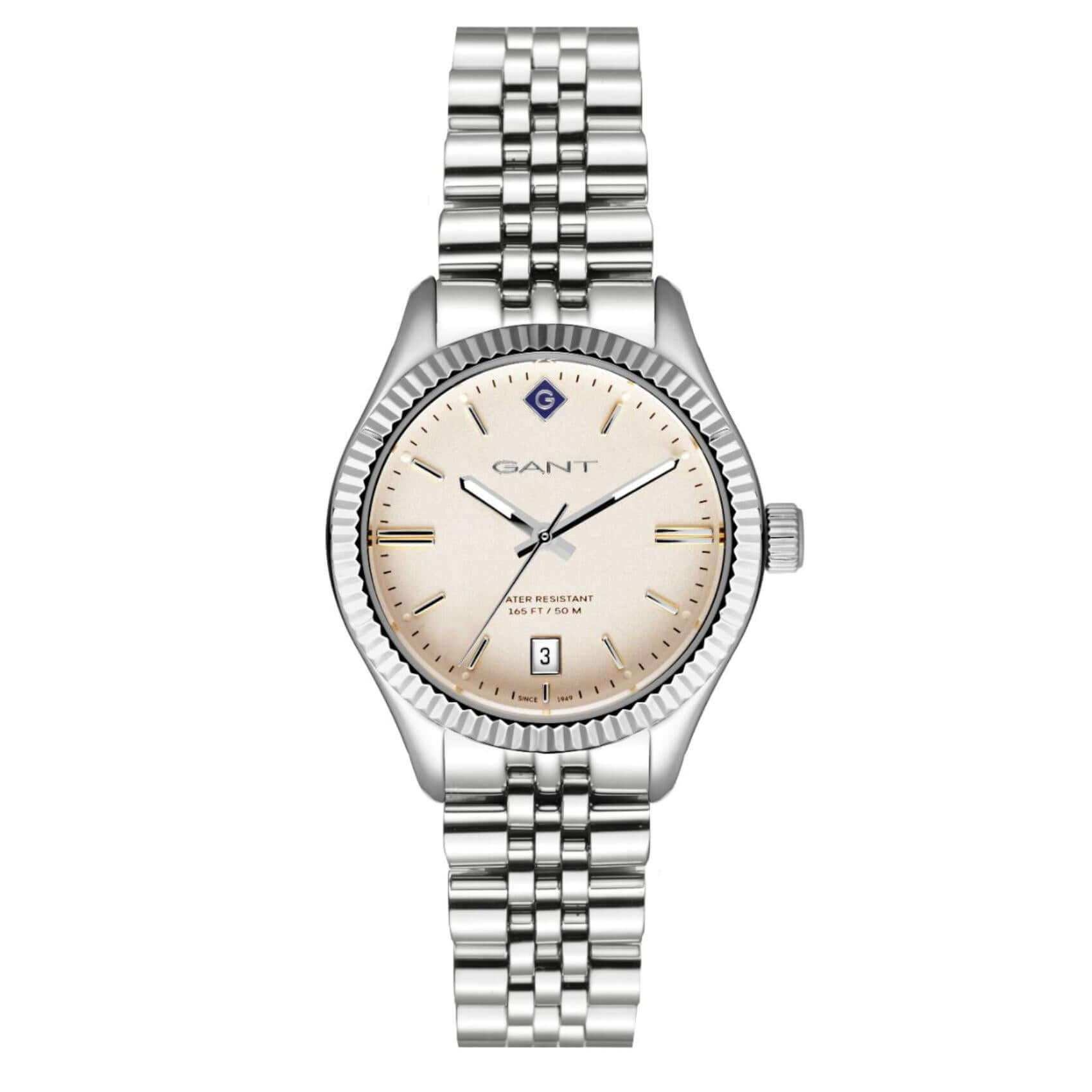Ρολόι Gant Sussex G136006 με ασημί ατσάλινο μπρασελέ και μπεζ καντράν διαμέτρου 34mm.