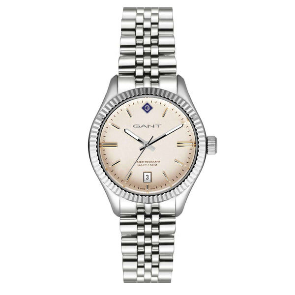 Ρολόι Gant Sussex G136006 με ασημί ατσάλινο μπρασελέ και μπεζ καντράν διαμέτρου 34mm.