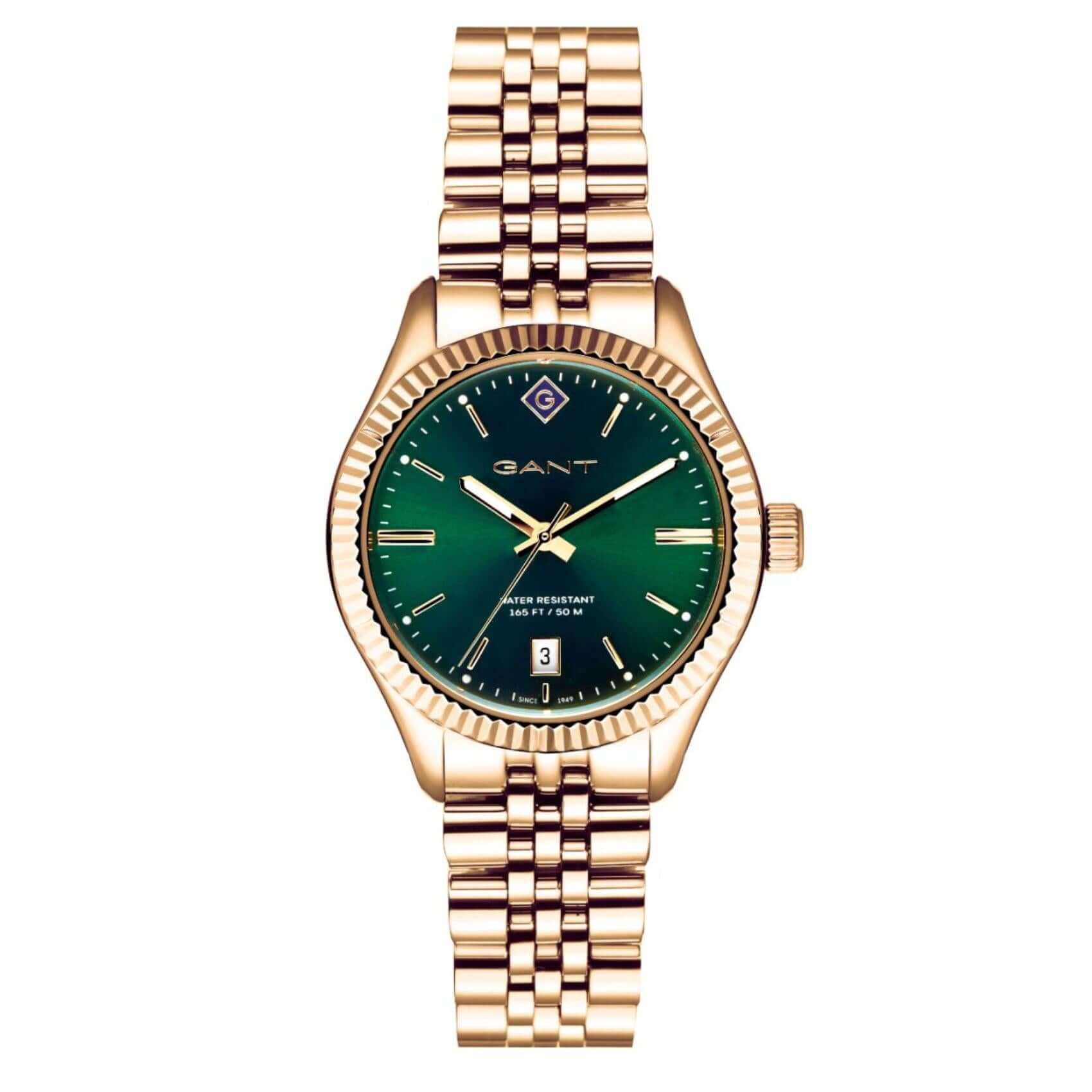Ρολόι Gant Sussex G136011 με χρυσό ατσάλινο μπρασελέ και πράσινο καντράν διαμέτρου 34mm.