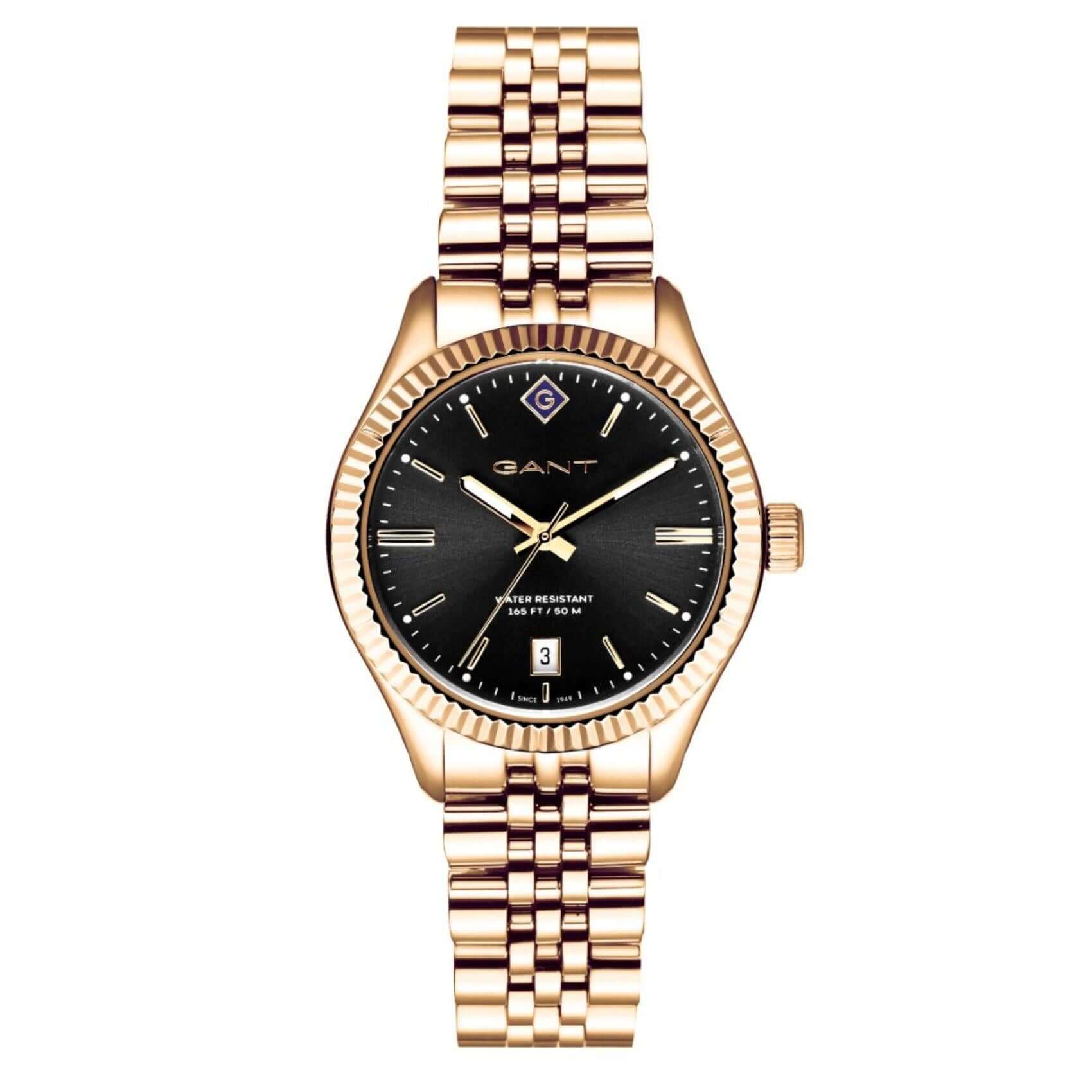 Ρολόι Gant Sussex G136012 με χρυσό ατσάλινο μπρασελέ και μαύρο καντράν διαμέτρου 34mm.