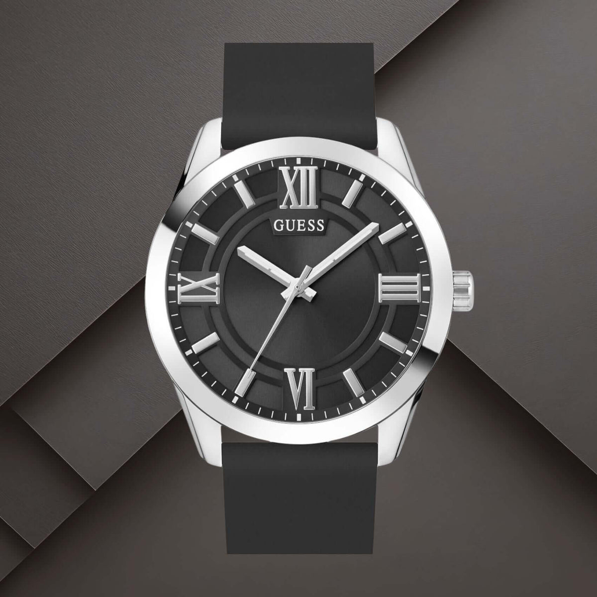 Guess GW0894G1 ανδρικό ρολόι με μαύρο λουράκι από καουτσούκ, μαύρο καντράν διαμέτρου 44mm και ασημί λεπτομέρειες.