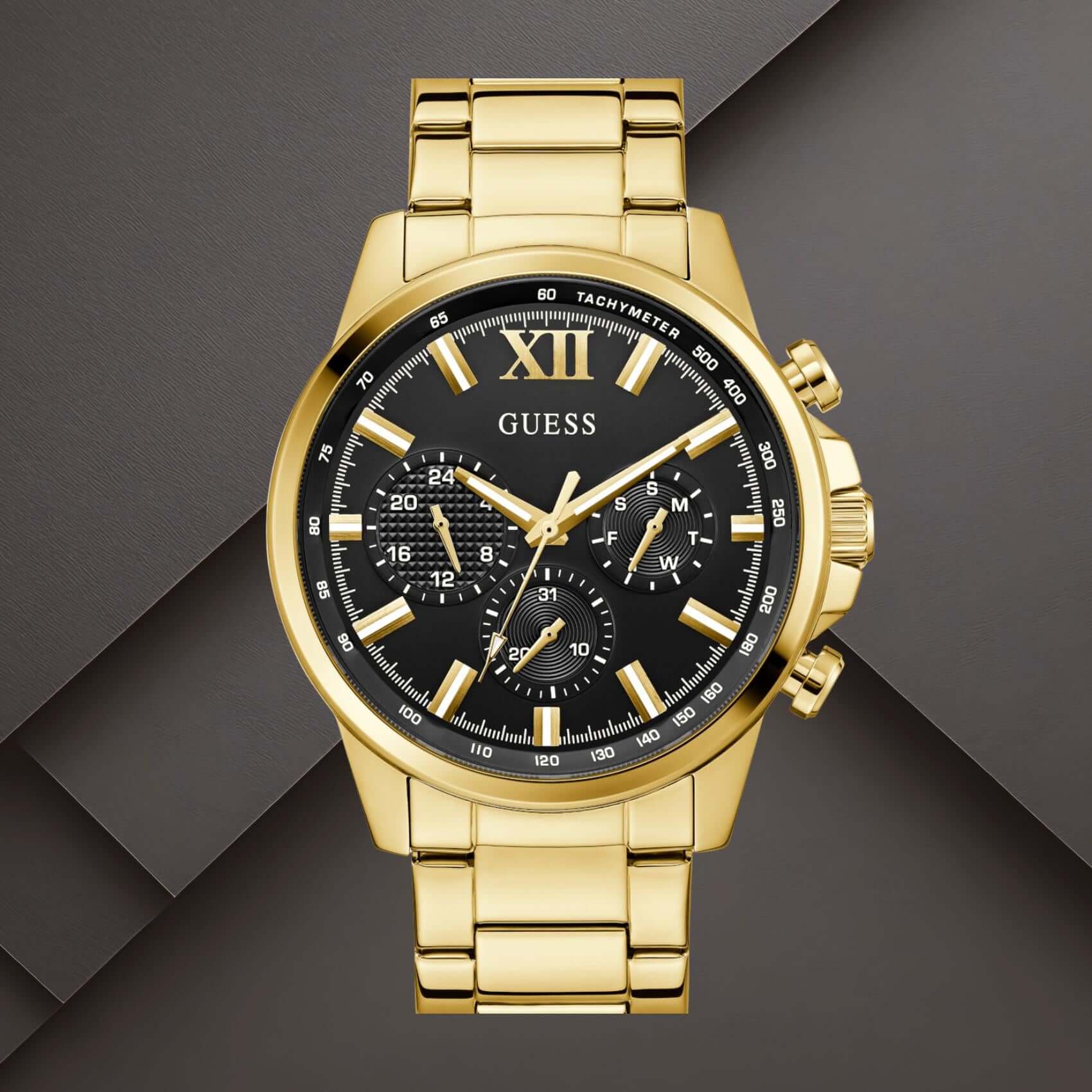 Guess GW0900G3 ανδρικό ρολόι με χρυσό ατσάλινο μπρασελέ, μαύρο καντράν διαμέτρου 44mm και χρυσές λεπτομέρειες.