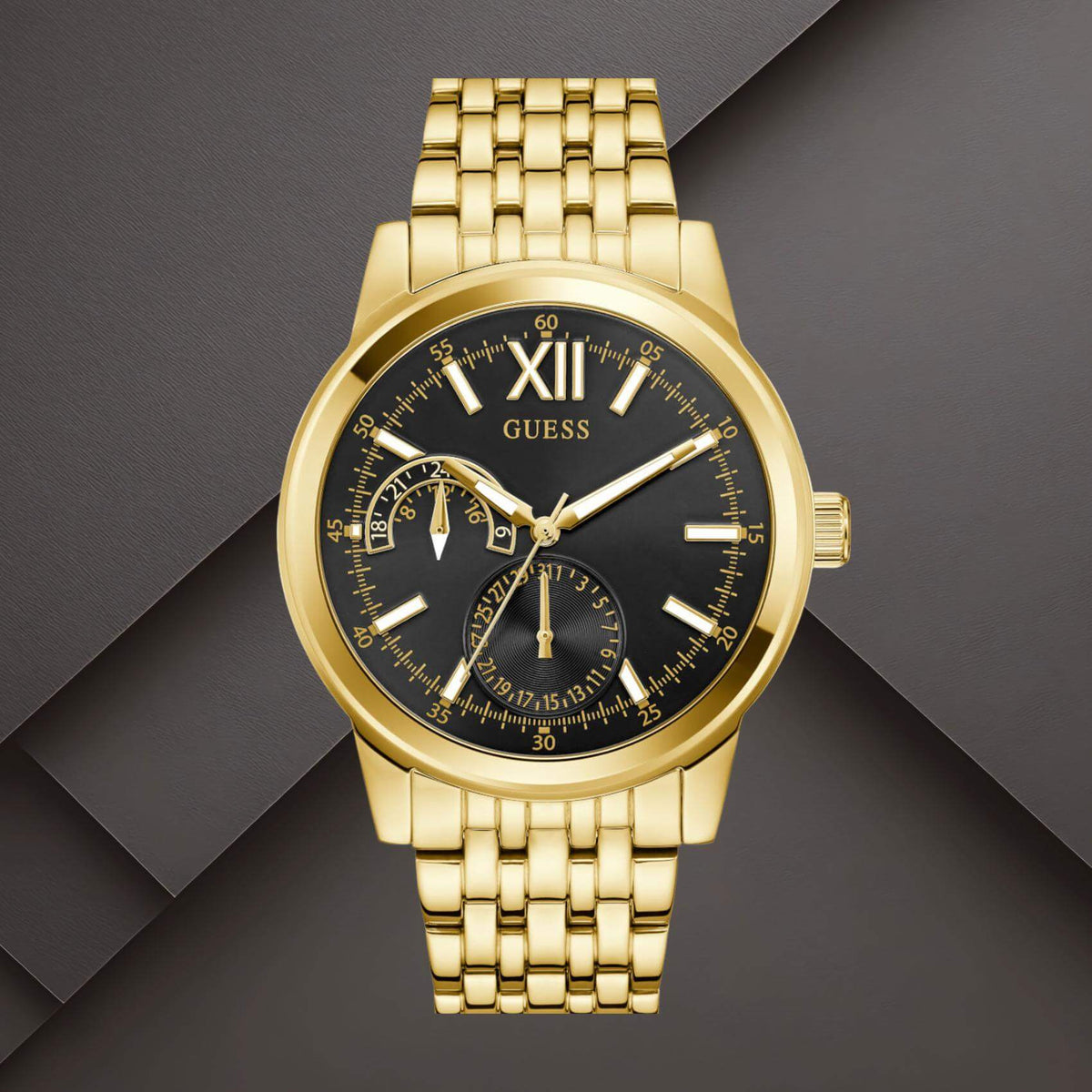 Guess GW0976G2 ανδρικό ρολόι με χρυσό ατσάλινο μπρασελέ, μαύρο καντράν διαμέτρου 42mm και χρυσές λεπτομέρειες.