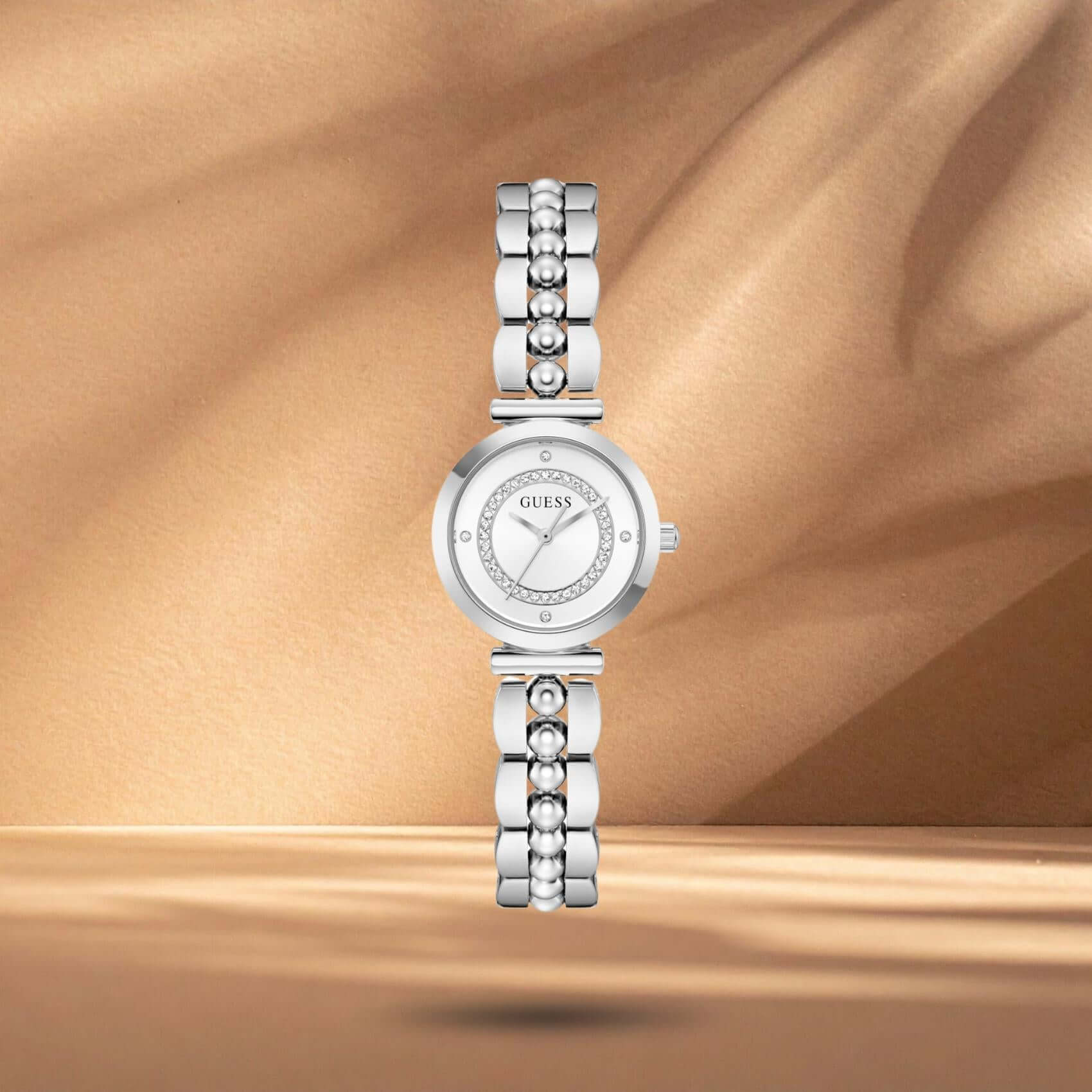 Guess GW0994L1 γυναικείο ρολόι Leena με ασημί μπρασελέ και λευκό καντράν 26mm.