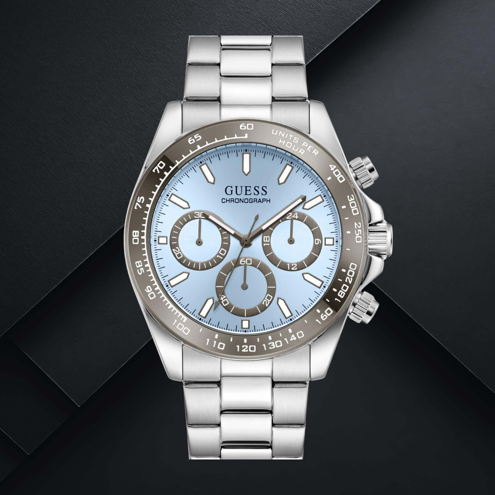 GUESS GW1058G1 ανδρικό ρολόι με ασημί ατσάλινο μπρασελέ, γαλάζιο καντράν διαμέτρου 42mm και ασημί λεπτομέρειες.