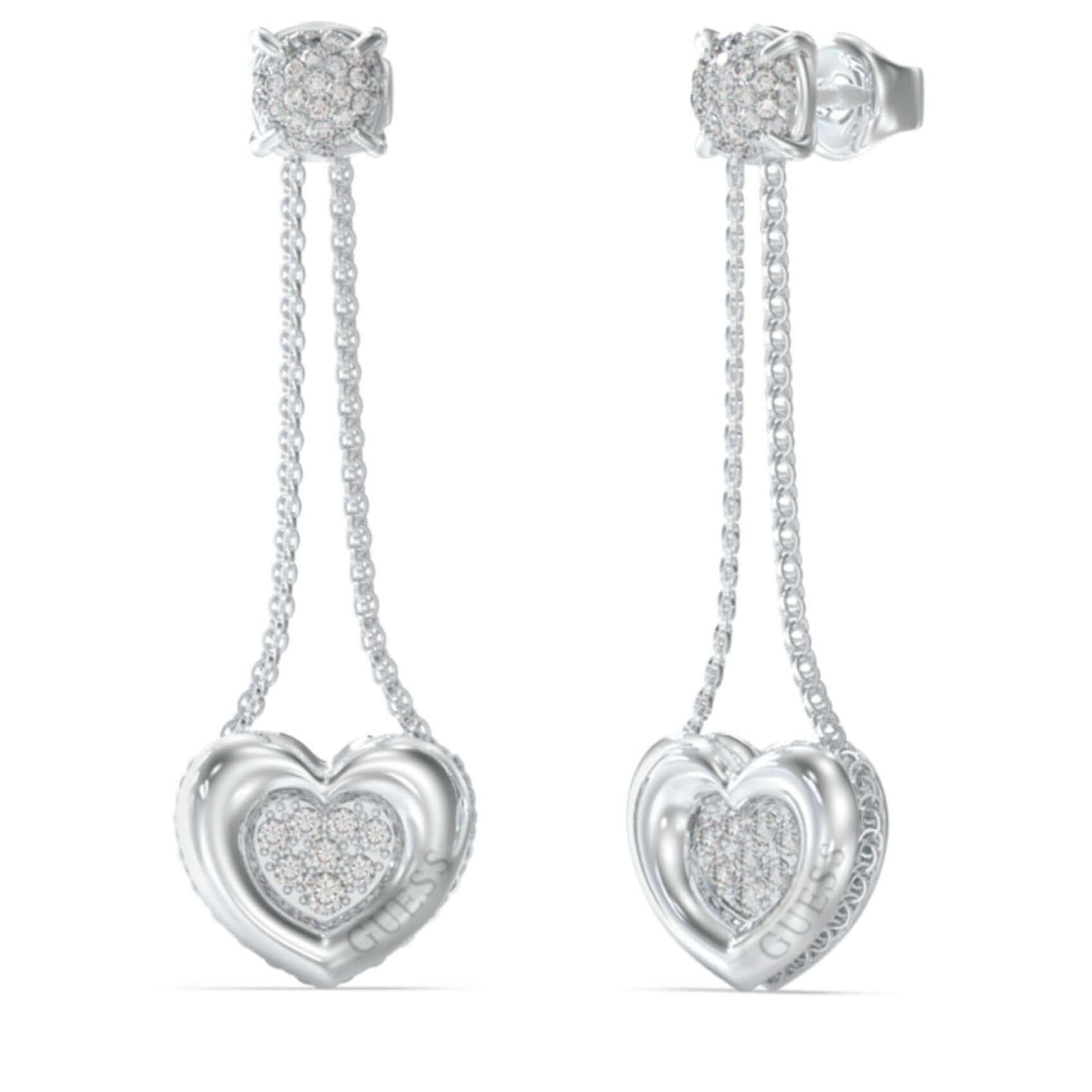 Γυναικεία κρεμαστά σκουλαρίκια Guess L.O.V.E. JUBE05462JWRHT/U από ανοξείδωτο ατσάλι με καρδιές και ζιργκόν.