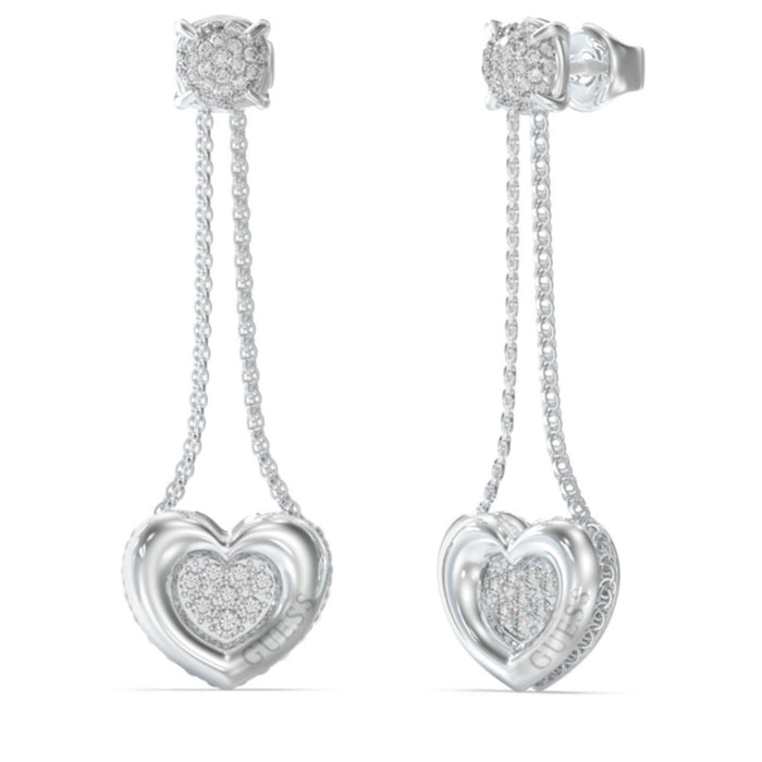 Γυναικεία κρεμαστά σκουλαρίκια Guess L.O.V.E. JUBE05462JWRHT/U από ανοξείδωτο ατσάλι με καρδιές και ζιργκόν.