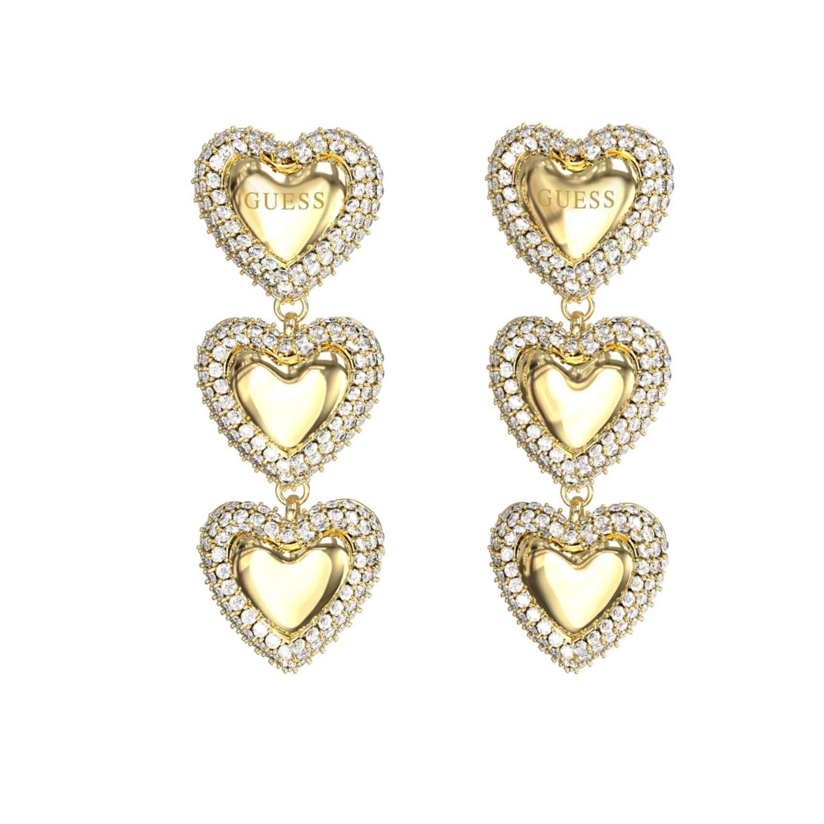 Γυναικεία σκουλαρίκια Guess Beloved JUBE06011JWYGT/U από ανοξείδωτο ατσάλι σε χρυσό χρώμα με καρδιές και ζιργκόν.