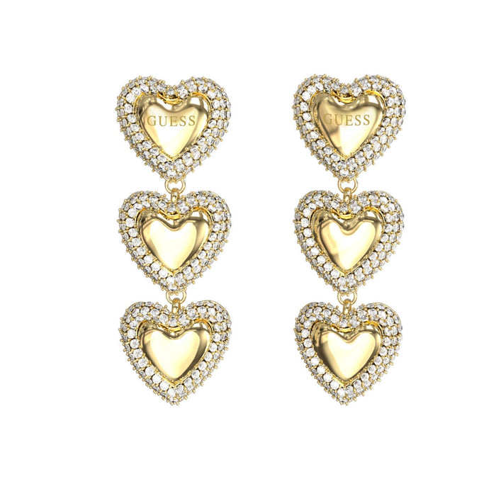 Γυναικεία σκουλαρίκια Guess Beloved JUBE06011JWYGT/U από ανοξείδωτο ατσάλι σε χρυσό χρώμα με καρδιές και ζιργκόν.