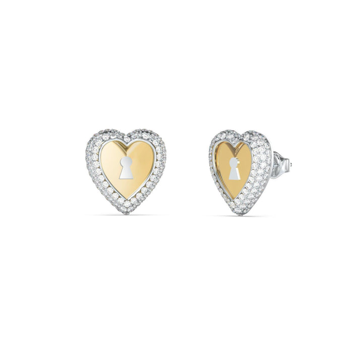 Γυναικεία σκουλαρίκια Guess Love Bites JUBE06062JWYGRHT/U από ανοξείδωτο ατσάλι σε ασημί και χρυσό χρώμα με καρδιές και ζιργκόν.