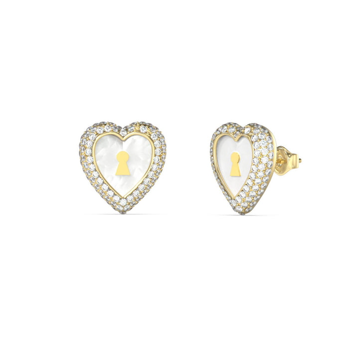 Γυναικεία σκουλαρίκια Guess Love Bites JUBE06065JWYGT/U από ανοξείδωτο ατσάλι σε χρυσό χρώμα με καρδιές και ζιργκόν.
