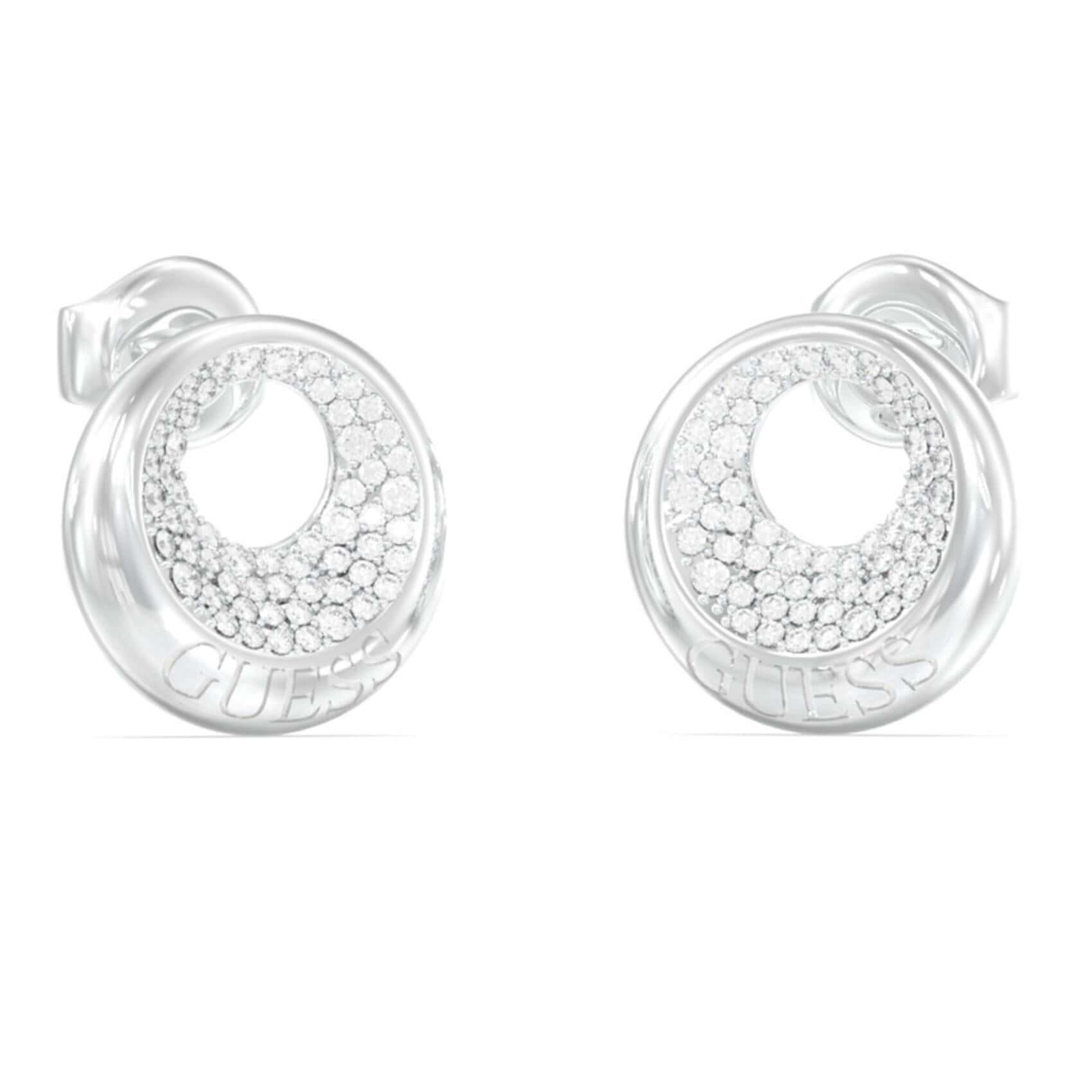 Γυναικεία σκουλαρίκια Guess Moon Drops JUBE06247JWRHT-U από ανοξείδωτο ατσάλι με λευκά ζιργκόν.