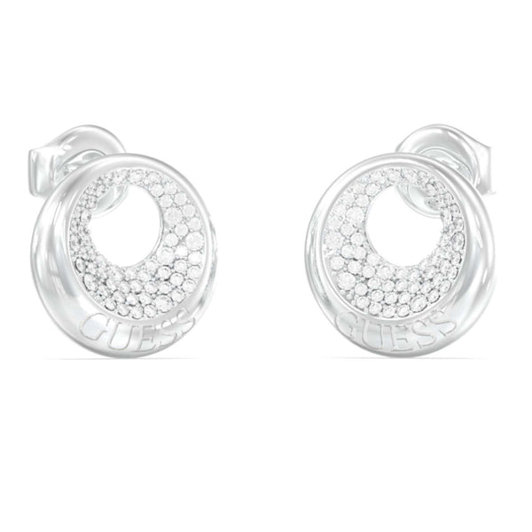 Γυναικεία σκουλαρίκια Guess Moon Drops JUBE06247JWRHT-U από ανοξείδωτο ατσάλι με λευκά ζιργκόν.